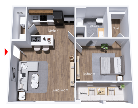 A floor plan of a small apartment with a living room, kitchen, bathroom, bedroom, and balcony.